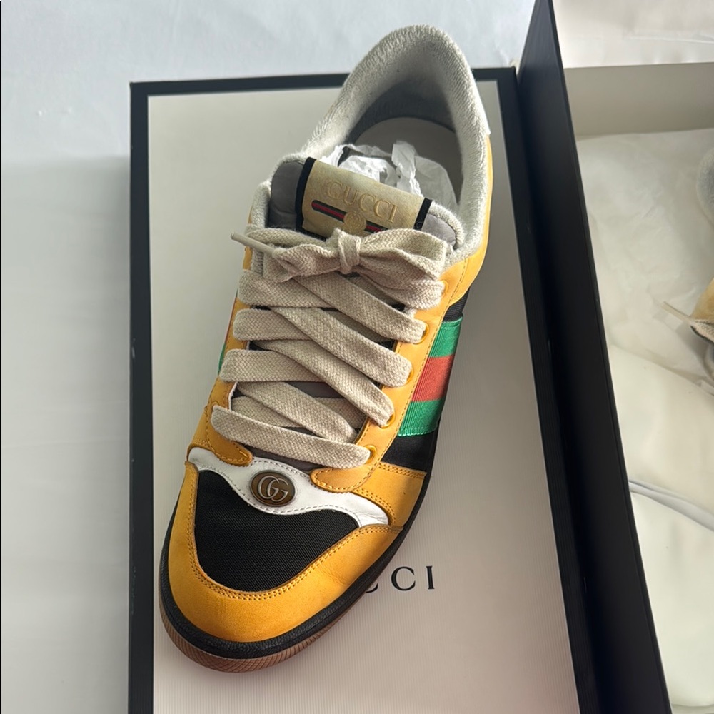 Gucci Men's Vibrant Yellow Sneakers with Green and Red Stripes - Picture 2 of 5